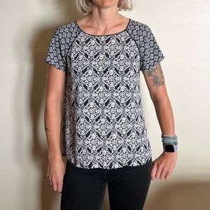 LOFT White and Navy loose fitting Blouse Small